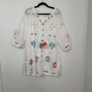 Charter Club Embroidered LinenTunic Dress Boho Tassels Coastal Cottage Women S
